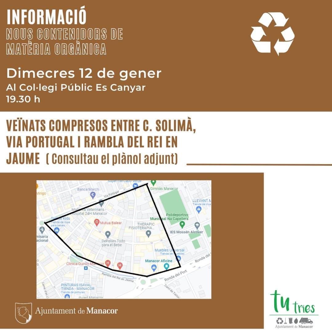 📣 Atenció, veïnats de la zona de Na Capellera / Ronda de l'Institut! Avui es celebrarà una reunió informativa al CP Es Canyar sobre els nous contenidors de matèria orgànica i avantatges de la tarifa reduïda de residus. 

Hi haurà 2 torns:
⏰ 18.30 h 
⏰ 19.30 h

#FeimPoble