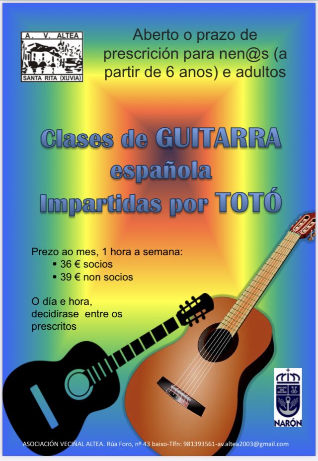 AlteaAv's tweet photo. 🔜 E seguimos a aumentar as actividades no local da asociación
🎼 Clases de guitarra española con prezo especial para persoas socias e a partir dos 6 anos
✔️ Anotarse no Ambigu_altea_xubia, en av.altea2003@gmail.com ou no 981393561 
#XuviaCorazónDeNarón https://t.co/lrT69EIH0r