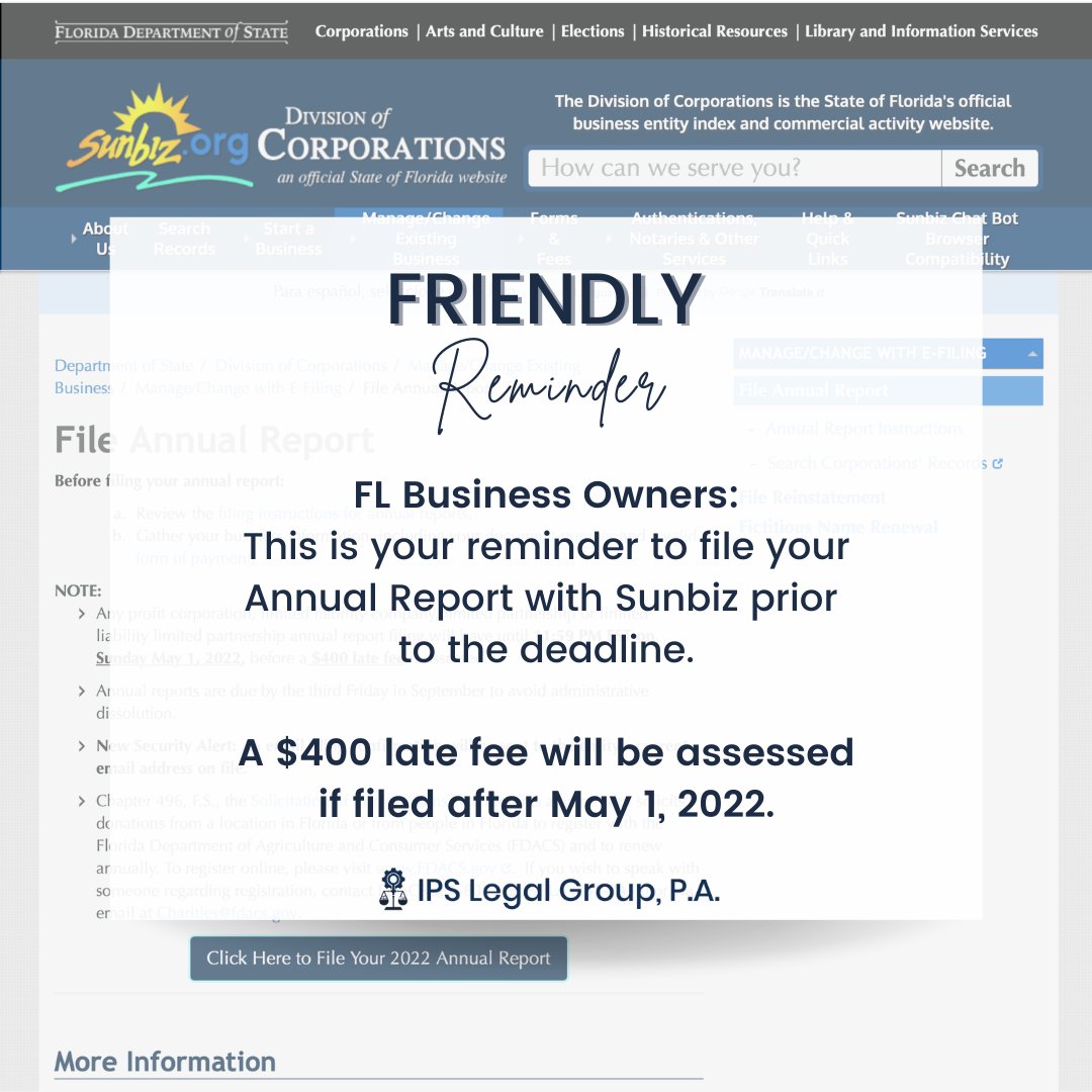 A good idea would be to create an annual reminder to pay these fees when you begin to prepare your paperwork for taxes. 

#attorneysatlaw #businessgrowth #businessownership #femalebusinessowner #blackentrepreneur  #smallbusinessowners #sunbiz #annualreport