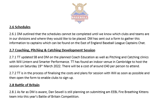 Attached below are the minutes from the latest EEBL committee meeting on Thursday 6th January 2022. 📝⚾