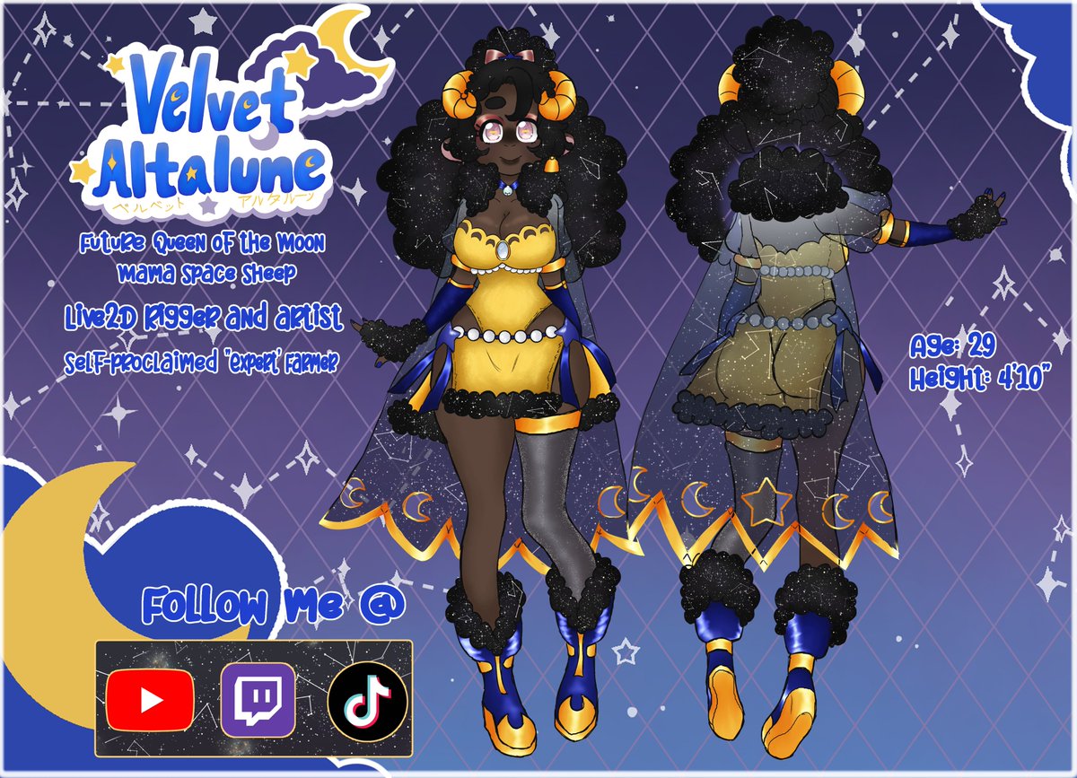 VelvetAltalune's tweet photo. Hello! Time to make a proper profile for the pinned so here yall go<3 Just your local #ENVtuber Sheep Mama making introductions.
Crescent moonStreams: https://t.co/QzTgAkeamT
Shooting star Twitch Affiliate
Artist palette FanArt Tag: #VelArt https://t.co/vsbG9XkFIk