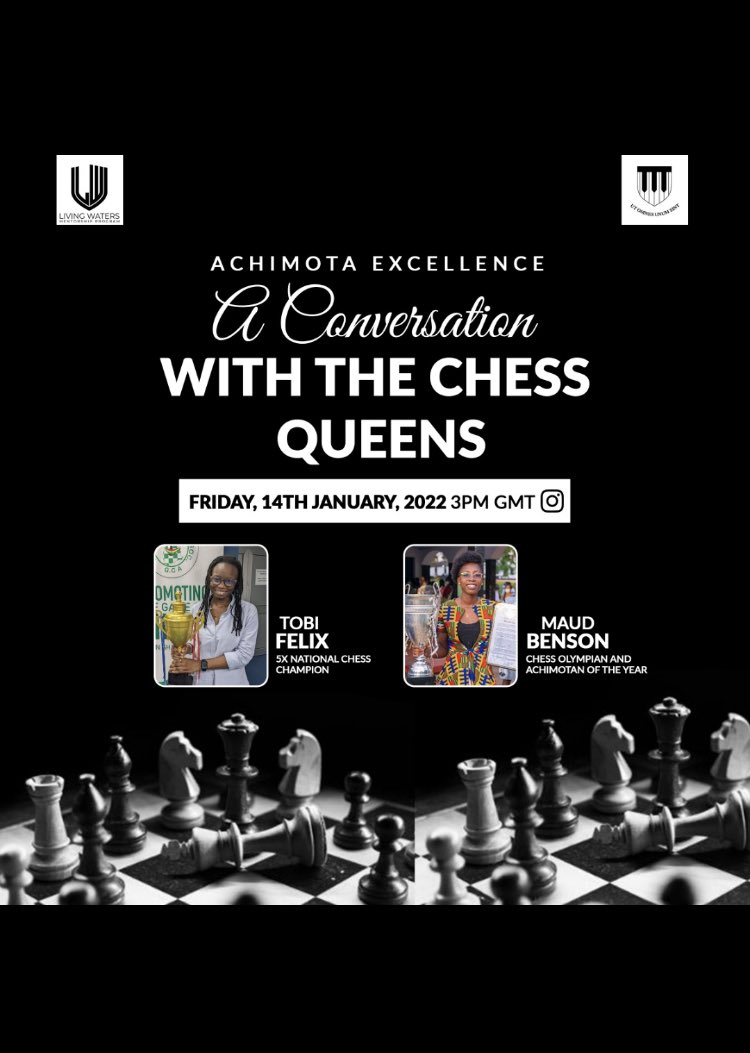 AchimotaSchool's tweet photo. #AchimotaExcellence 🎹 #QueensOfChess 👸🏾👸🏾We are honored to host an IG Live conversation with the five times 🇬🇭Ghana Women’s Chess Champion WCM Akora Tobi Felix @tobifelix_99 and Achimotan of the Year and Chess Olympian Maud Benson @_maudbenson #Chess @ghanachess https://t.co/LGcF7yfw8a
