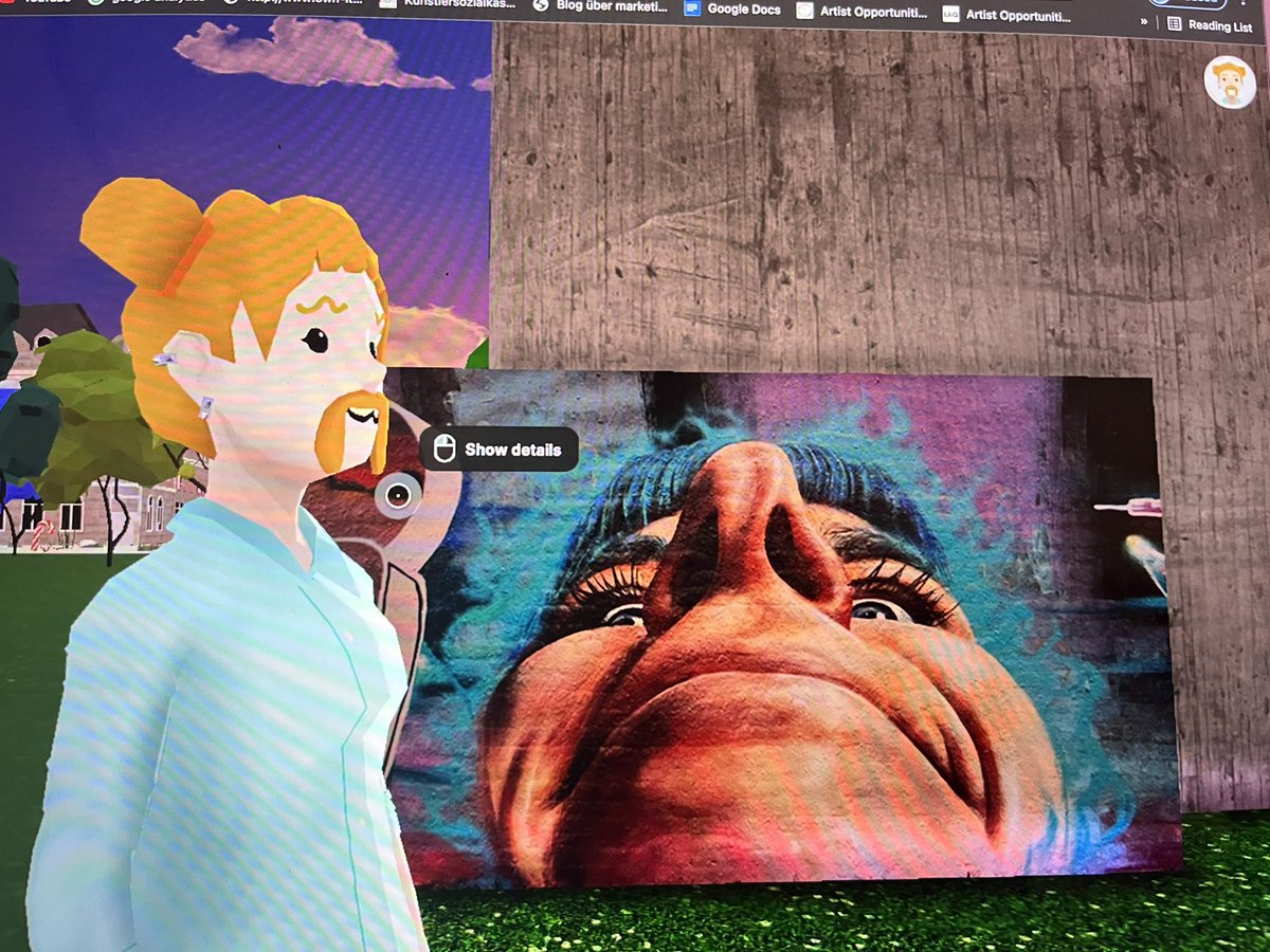 Last night…soft opening at The Embassy in Decentraland with <a href="/Metawalls_bln/">METAWALLS</a> . Found my piece ‘Schnoz’ soon to be available as a co-NFT. 
Cute avatar too…a little disappointed about there being no blue hair option. The moustache made up for it. #metawalls #NFTarts #Decentraland