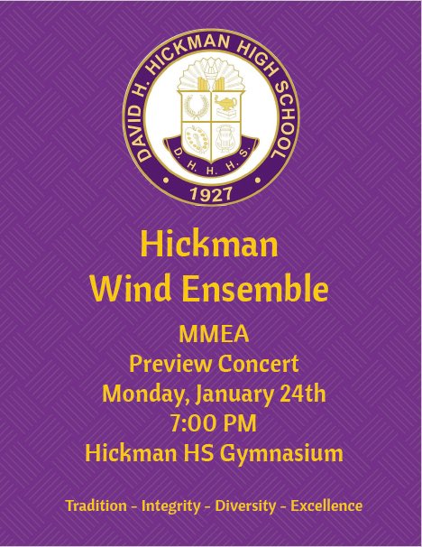 The Hickman HS Wind Ensemble is honored to have been chosen to perform at this year’s MMEA Conference. We will be having a “Preview Concert” prior to the conference to showcase their amazing musicianship. We hope you will be able to attend! <a href="/PandGNews/">Purple and Gold News</a> <a href="/cpsfinearts/">CPS Fine Arts</a> <a href="/HickmanHS/">Hickman High School</a>
