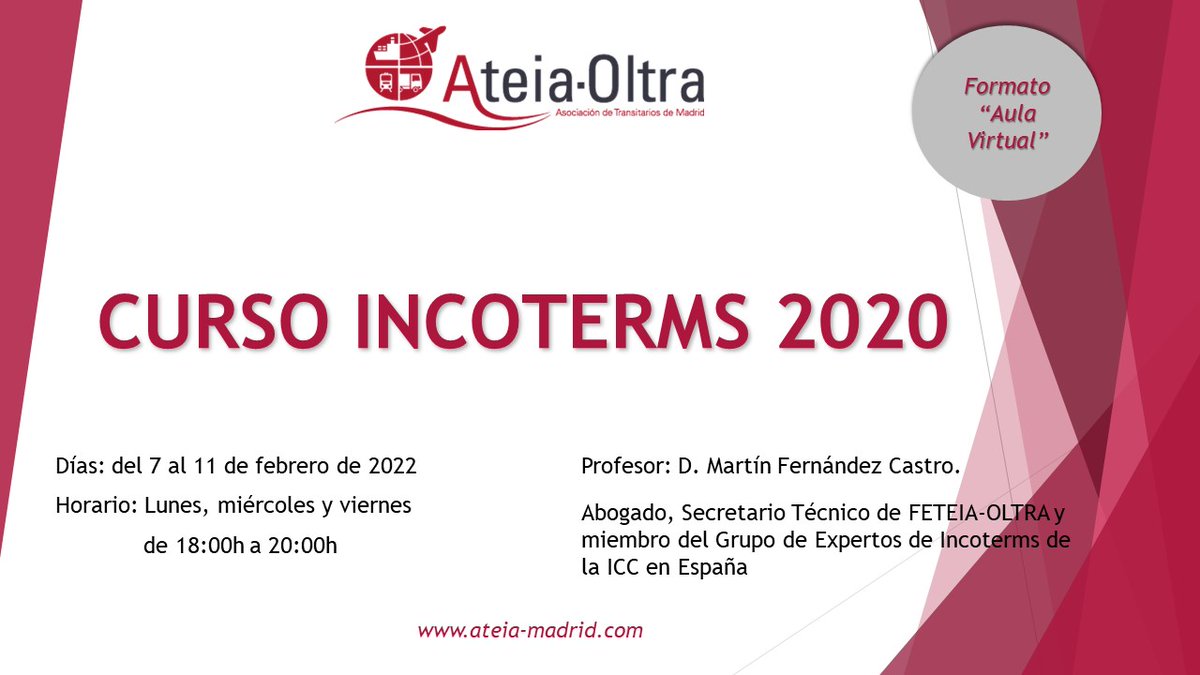 AteiaMadrid's tweet photo. #ATEIAFORMACION | Abierto el plazo de inscripción al CURSO DE INCOTERMS 2020 en formato AULA VIRTUAL.
Para más información escribe a formacion@ateia-madrid.com
#formacion #INCOTERMS #ateia https://t.co/RIkwCAR2UV