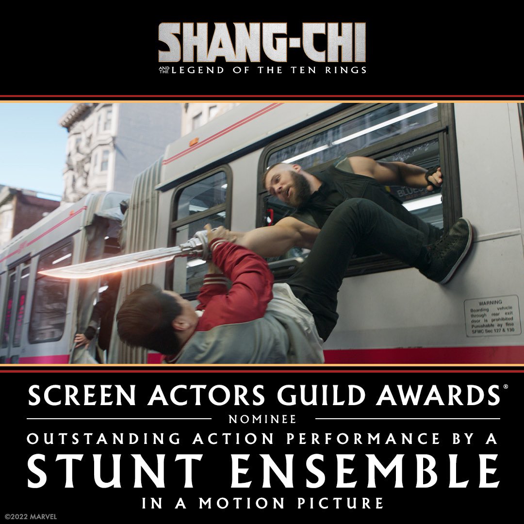 Congratulations to the team behind Marvel Studios’ #ShangChi and The Legend of The Ten Rings for their #SAGAwards nomination for Outstanding Action Performance by a Stunt Ensemble in a Motion Picture!