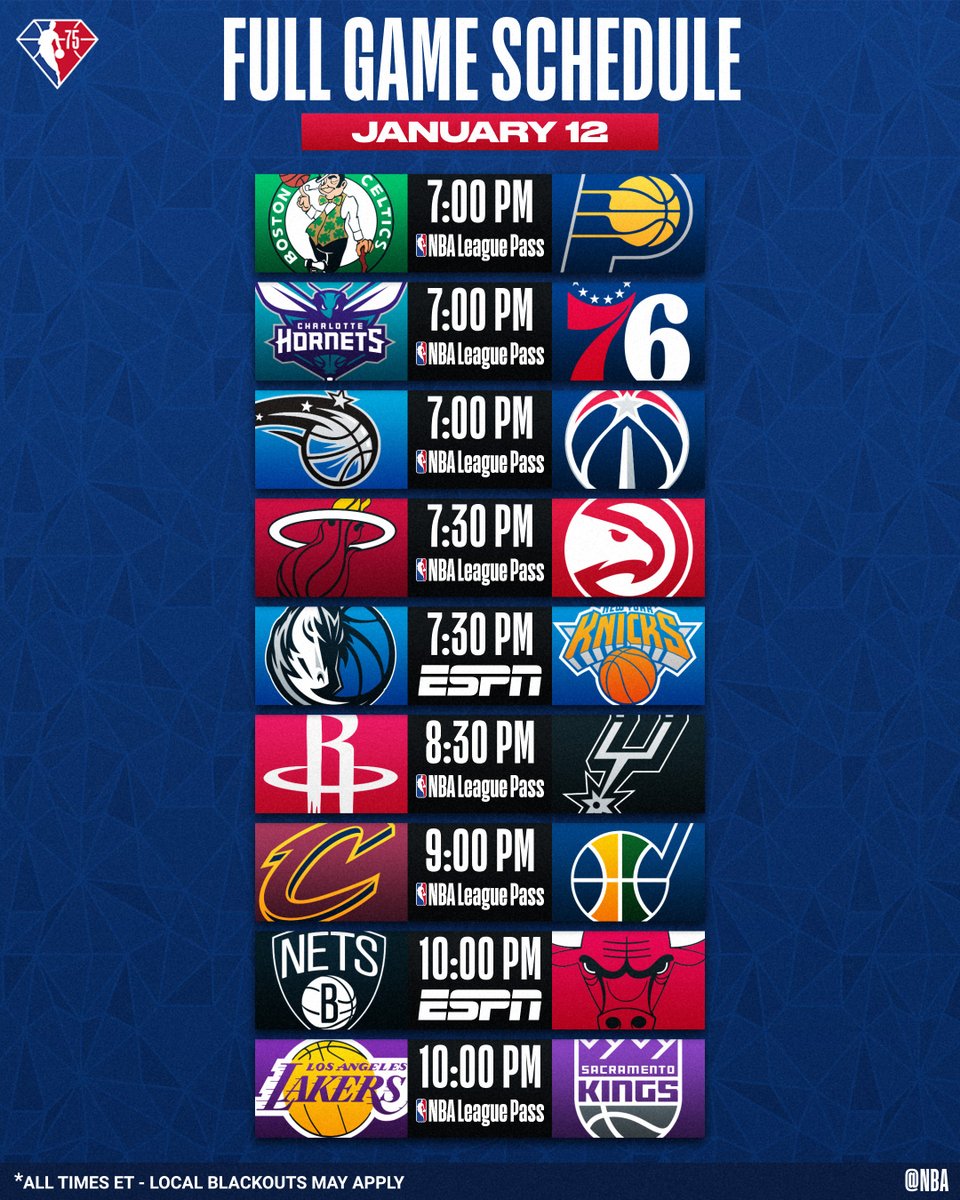 NBA's tweet photo. 9-game Wednesday slate!

▪ #1 in East Bulls host #2 in East Nets
▪ Mavericks seek 7th straight win, visit Knicks
▪ 76ers seek 8th straight win, host Hornets

📺: ESPN
📱💻: NBA League Pass
➡: https://t.co/QFSPrIbwYP https://t.co/cfppE96PF3