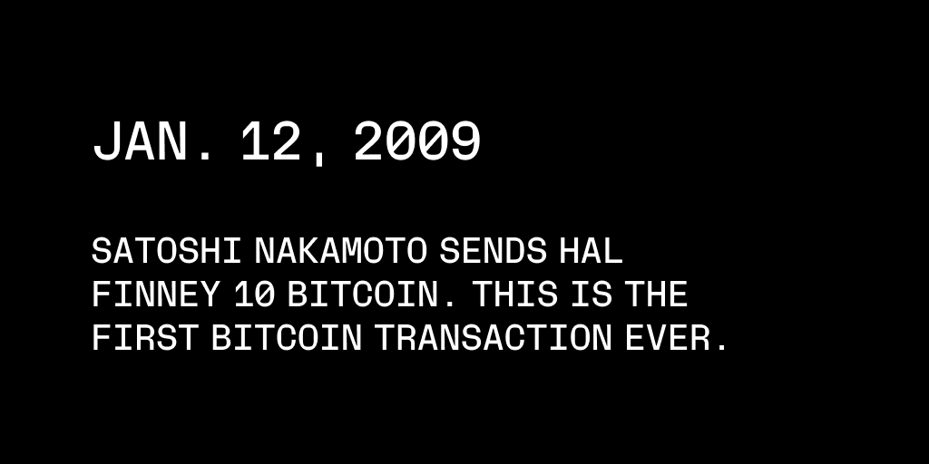 Ledger's tweet photo. January 12th, 2009: Satoshi Nakamoto sends Hal Finney 10 #Bitcoin. This is the first #BTC transfer ever.

... moment of appreciation for the fact that this happened.

Huge. https://t.co/MF88EjVtUi