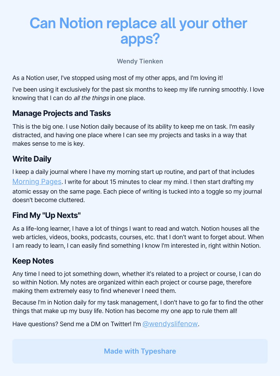 <a href="/NotionHQ/">Notion</a> is my LIFE app. And yes, I've completely drunk (drank?) the kool-aid! 

My day 5 essay for #ship30for30 is all about how #notion has replaced other apps I used to use. Enjoy!