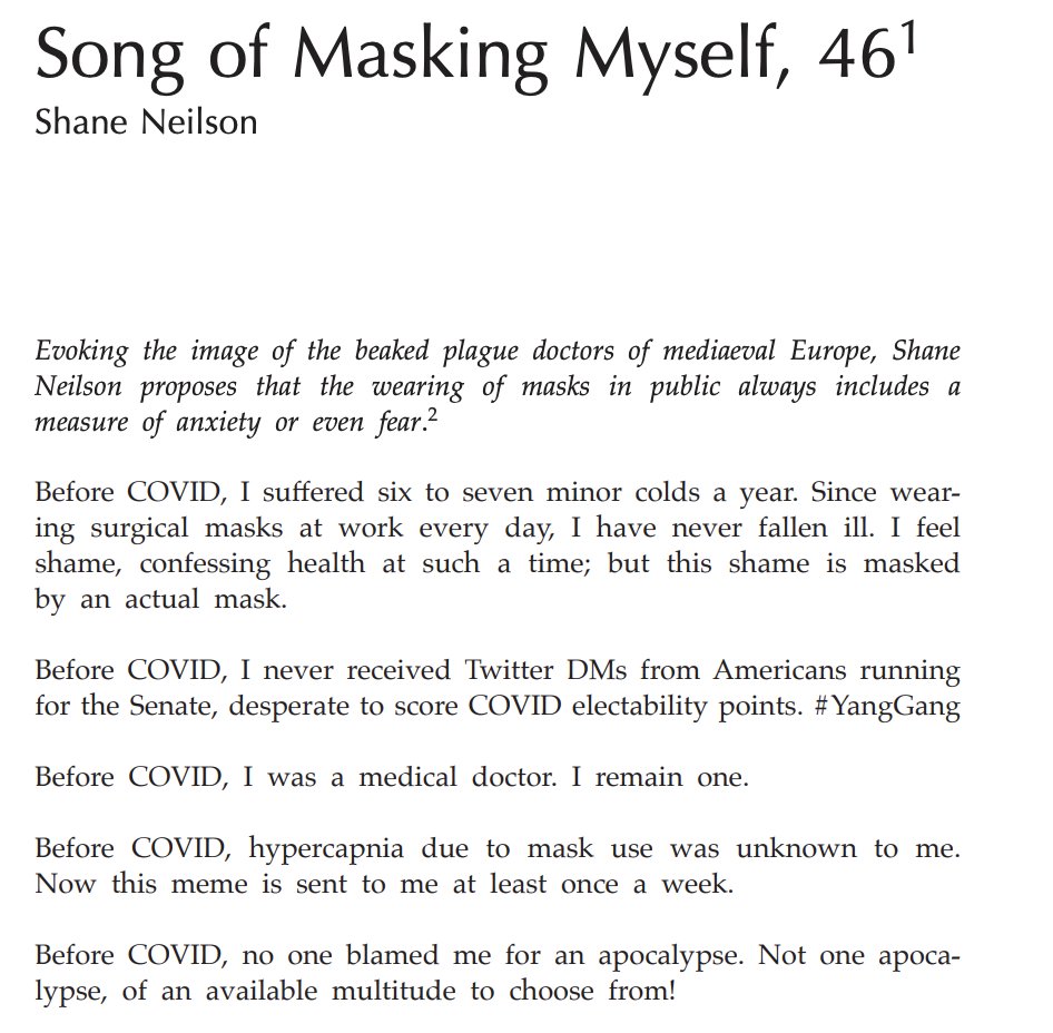 Literature and Medicine (@literature_med) on Twitter photo Shane Neilson's (<a href="/sneilsonwwh/">Shane Neilson</a>) "Song of Masking Myself, 46" is a recombinant poem using Neilson's pre-pandemic writing on surgical masks with subsequent response, as filtered through virtual family practice experience as a disabled person. Oh, and Whitman. Shane Neilson's (<a href="/sneilsonwwh/">Shane Neilson</a>) "Song of Masking Myself, 46" is a recombinant poem using Neilson's pre-pandemic writing on surgical masks with subsequent response, as filtered through virtual family practice experience as a disabled person. Oh, and Whitman.