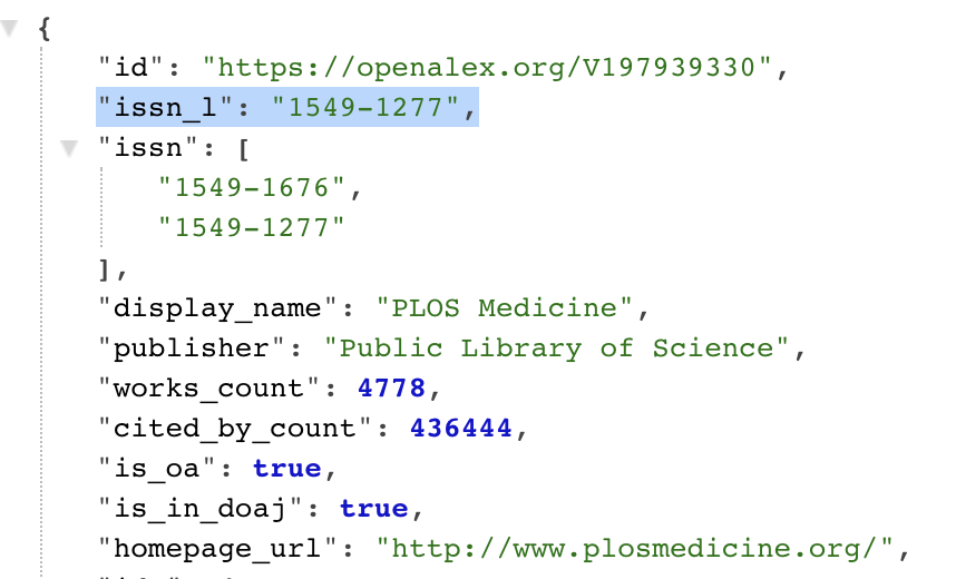 OpenAlex_org's tweet photo. OpenAlex Tip of the Day

Joining datasets by ISSN can be a real pain due to multiple ISSNs per journal, yeah?

An easy fix is to find the journal's single ISSN-L (linking ISSN), which you can get by looking up any issn in OpenAlex:
https://t.co/ZHYoF5IWcx

Happy joining! https://t.co/0xyEI2uKmA