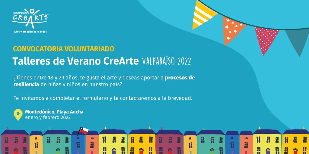 ¡Seguimos con la convocatoria de #voluntarias y voluntarios para nuestros Talleres Artísticos de Verano CreArte Valparaíso! Si quieres ser parte de nuestro equipo de jóvenes voluntarias/os inscríbete en bit.ly/3DMpXd6 y te contactaremos lo más pronto posible.👋🏾🙋🏾‍♂️