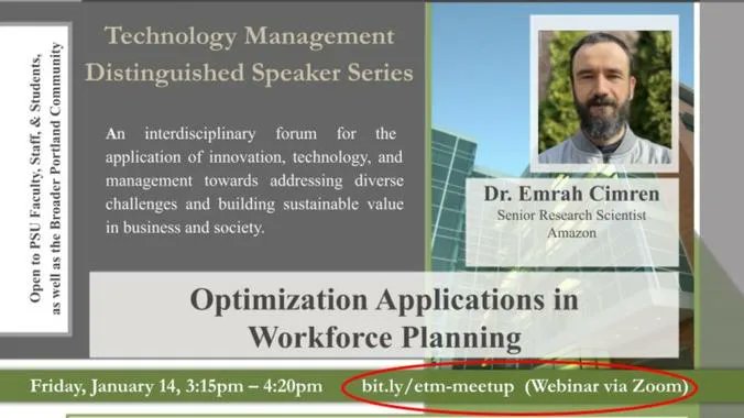 <a href="/ETMConnectpdx/">Dept of Engineering and Technology Management</a> #ETMSeminar on Fri Jan 14! Dr. Emrah Cimren, Senior Research Scientist at Amazon speaking on "Optimization Applications in Workforce Planning" at 3:15-4:20PM PST. Details at buff.ly/33bVoS7!
<a href="/Portland_State/">Portland State University</a>
@MCECSpdx