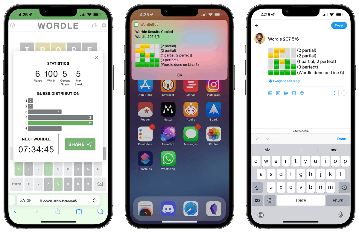 viticci's tweet photo. I, like others, love @powerlanguish's word game, Wordle. But I wish its shareable results were more accessible.

So I made a shortcut that takes your Wordle results and puts scores for 🟨 and 🟩 on each line.

It's called WordleBot, and it's free to use: https://t.co/tvlSybDiue https://t.co/WOS2kAw3V9