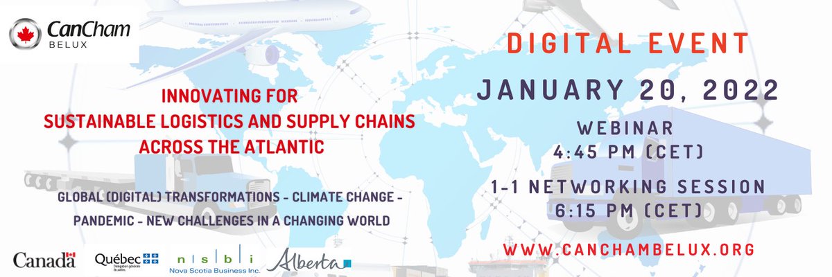 There is just one week to go! It's time to register to our digital event on January 20, 2022
#Innovating together for #sustainable #logistics and #supplychains across the Atlantic! 🇨🇦  🇧🇪  🇱🇺 🇳🇱

Program and registration: canchambelux.org