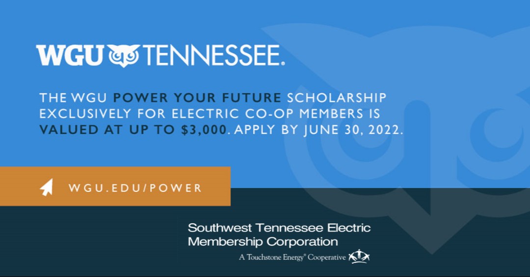 Tennessee’s electric co-ops and <a href="/WGUTennessee/">WGU Tennessee</a> are partnering to build a #BrighterTN by providing up to $3,000 in scholarships to  electric co-op members. Apply for the WGU Power Your Future scholarship by June 30. Learn more at wgu.edu/financial-aid-…