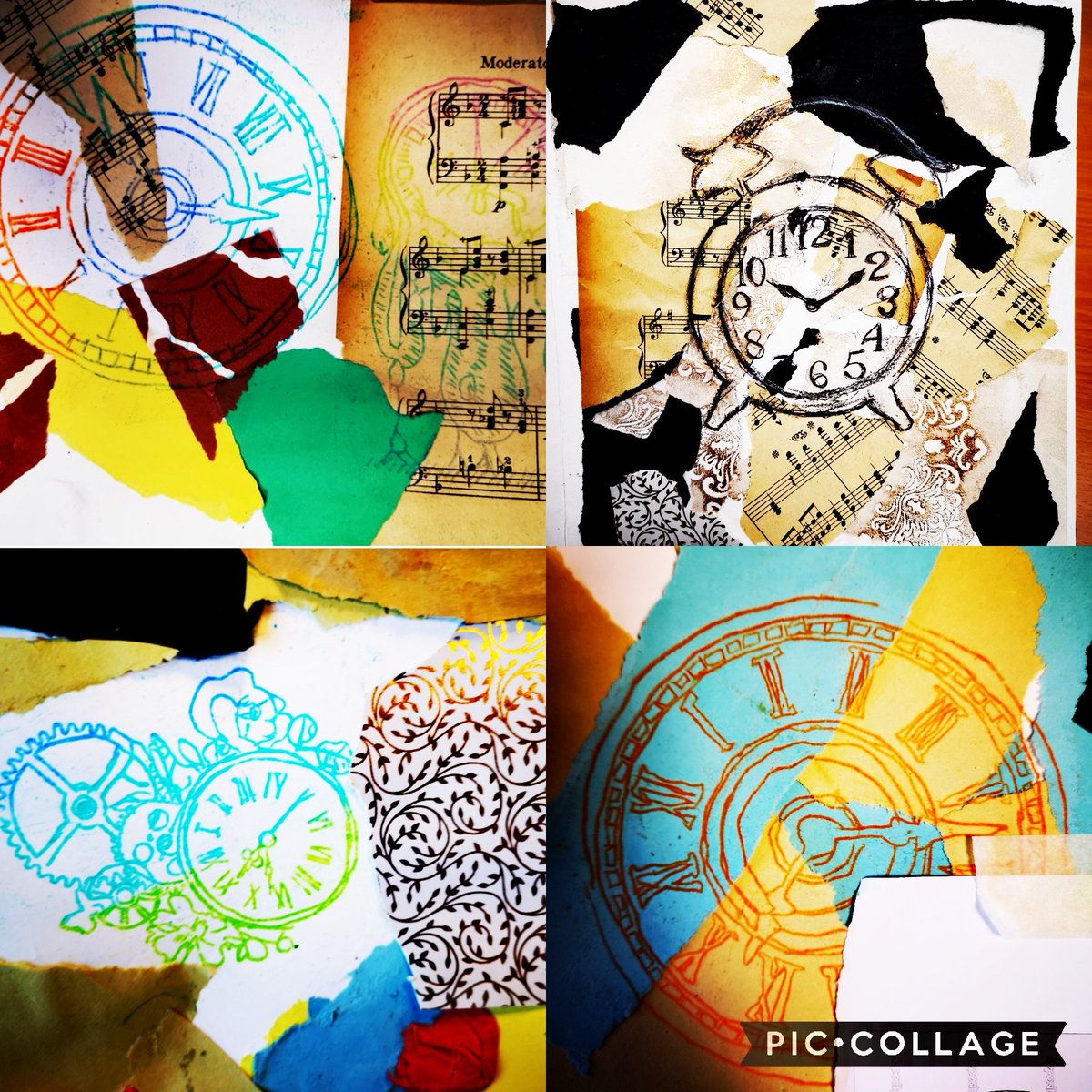MissGRoach1's tweet photo. Some great first attempts of mixed media collage using oil pastel mono-printing techniques by one of my year 8 classes! Da iawn! Keep it up! #startingtheyearright #maestegschool #maesteg #arttechniques #firstattempts https://t.co/92i748yOII