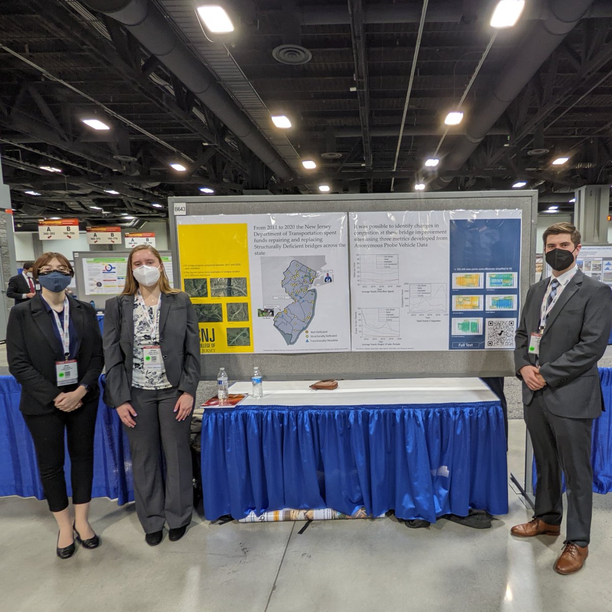 Dora Krstic ‘24, Jillian Stanton ’24, Sean Healy ’23 &amp; Dr. Andrew Bechtel are also at #TRBAM!  Their research evaluates how viable it is to use data sets from cell phones &amp; GPS devices to measure congestion changes after bridge improvements in NJ.  
#TCNJ #TCNJEngineering