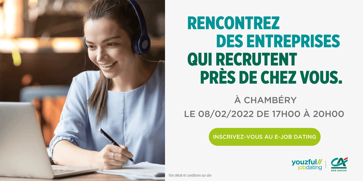 À la recherche d’un emploi ? Le <a href="/CA_Des_Savoie/">CA des Savoie</a> vous invite à son e-Job Dating !
📆 Le 8 février de 17h à 20h
📍 Postes basés à #Chambéry et aux alentours 
👥 Une dizaine d’entreprises locales présentes en visio pour recruter
Infos et pré-inscription 👉 wiz.bi/3HzZDFs