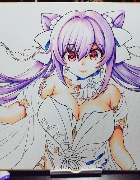 冬コミのときに描いたドレス刻晴 胸を大きく描きすぎたことや衣装のデザインの解釈違いなど訂正したかったので線画からなおしたものも今コピック彩色中です。 