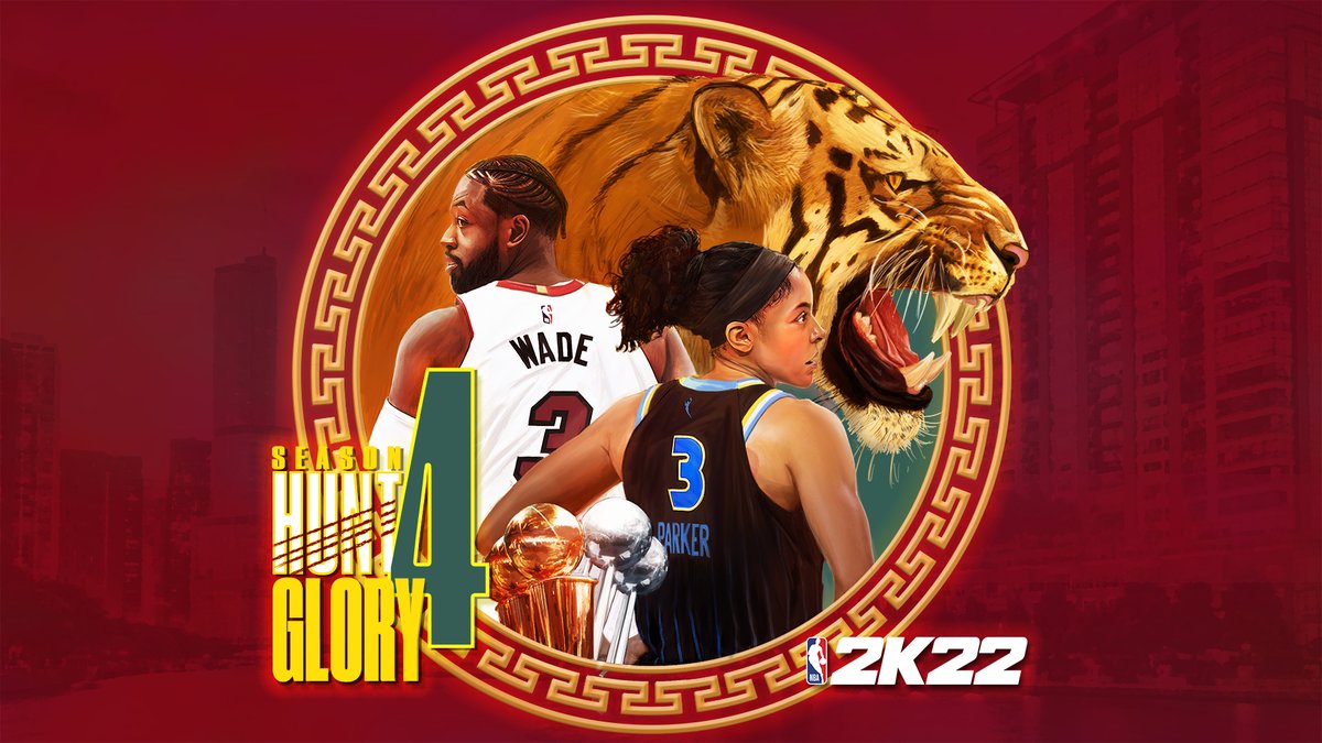 Season 4️⃣ Hunt 4 Glory starts soon 🐅

It's your turn to stand amongst hoops legends Dwyane Wade and Candace Parker 

🔹Legend is now possible 
🔹Level 40 Tiger Reward
🔹Affiliation Courts Redesign
🔹Galaxy Opal Rewards in MyTEAM
🔹And more

Learn More ➡️ nba.2k.com/courtside-repo…