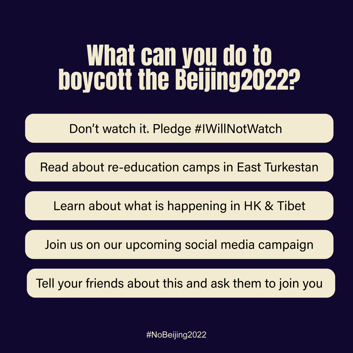 wethehongkonger's tweet photo. How to boycott #Beijing2022 as an individual? We got some suggestions for you! Do you have better suggestions? Let us know in the comment!
#NoBeijing2022 #BoycottBeijing2022 #boycottbeijingolympics #TogetherForASharedFuture #Olympics #GenocideGame #IWillNotWatch https://t.co/iCfILLJd1J