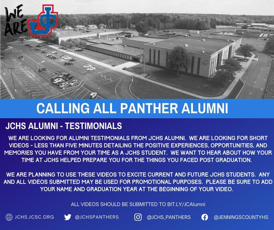 ‼🚨🟦PANTHER ALUMNI‼🚨🟦

***Please R/T
All you need to do is record a short (less than 5 minutes) video detailing your experiences and upload it to bit.ly/JCAlumni.  All submitted videos may be used in promotional materials for Jennings County High School!

#WeAreJC