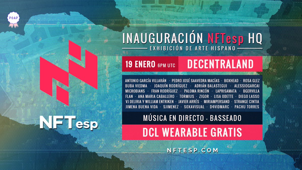 Como no podía ser de otra forma, si hablamos del metaverso, tenemos que estar en él.

Por eso, el 19 de enero a las 7pm (hora 🇪🇸), vamos a inaugurar nuestra base de operaciones con una gran exposición de arte hispano y música en directo.

events.decentraland.org/event/?id=e5ba…

#NFTesp #NFTs