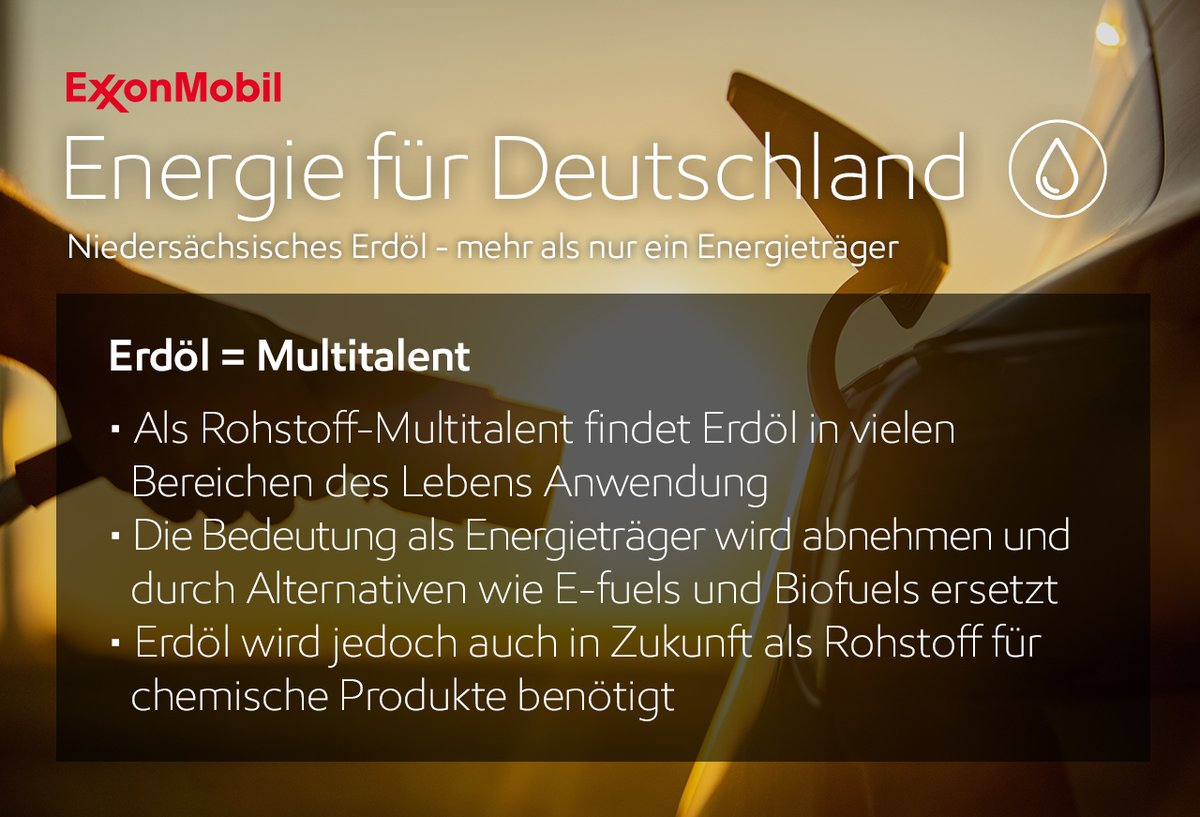 ExxonMobil_GER's tweet photo. #MehrWissen: In Niedersachsen gefördertes Erdöl bleibt ein Multitalent. Wir leisten einen verlässlichen Beitrag dazu, dass Haushalte und Industriebetriebe 
in unserem Land die Energie bekommen, die sie 
benötigen. https://t.co/9WoDiCLXsq