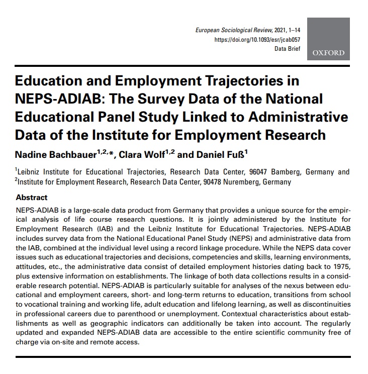 ESR_news's tweet photo. New #DataBrief in #openaccess at @ESR_News! 🔓
Learn how NEPS-ADIAB data can support your analyses of educational &amp; employment careers, short- &amp; long-term returns to education, school-to-work transitions, lifelong learning and discontinuities in careers: https://t.co/jrjdabxPuP https://t.co/SVEybzTv3O
