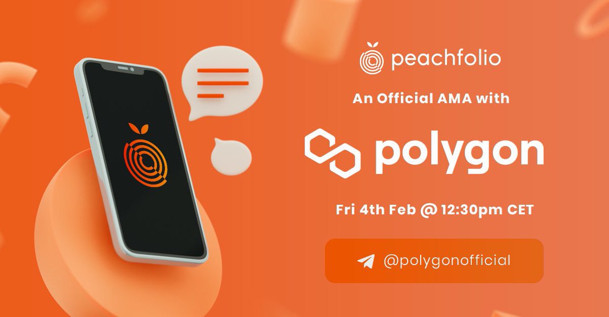 peachfolio's tweet photo. Thrilled to announce we will be joining the @0xPolygon TG community for an AMA on Fri 4th Feb @ 12:30pm CET, as part of our PeachHub launch &amp; #Polygon integration!

We will be discussing the project, integration &amp; future collaborative opportunities so make sure you join us there! https://t.co/eoMyr3zAgC