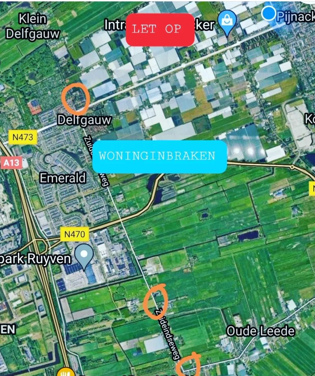 Laatste vijf weken drie woninginbraken (oranje cirkels) in vrij landelijk gebied binnen mijn "wijk". Ik ga in de omgeving van de inbraken actief flyeren/ langs de deuren om hier aandacht voor te creëren. #woninginbraak #politie #delfgauw #oudeleede