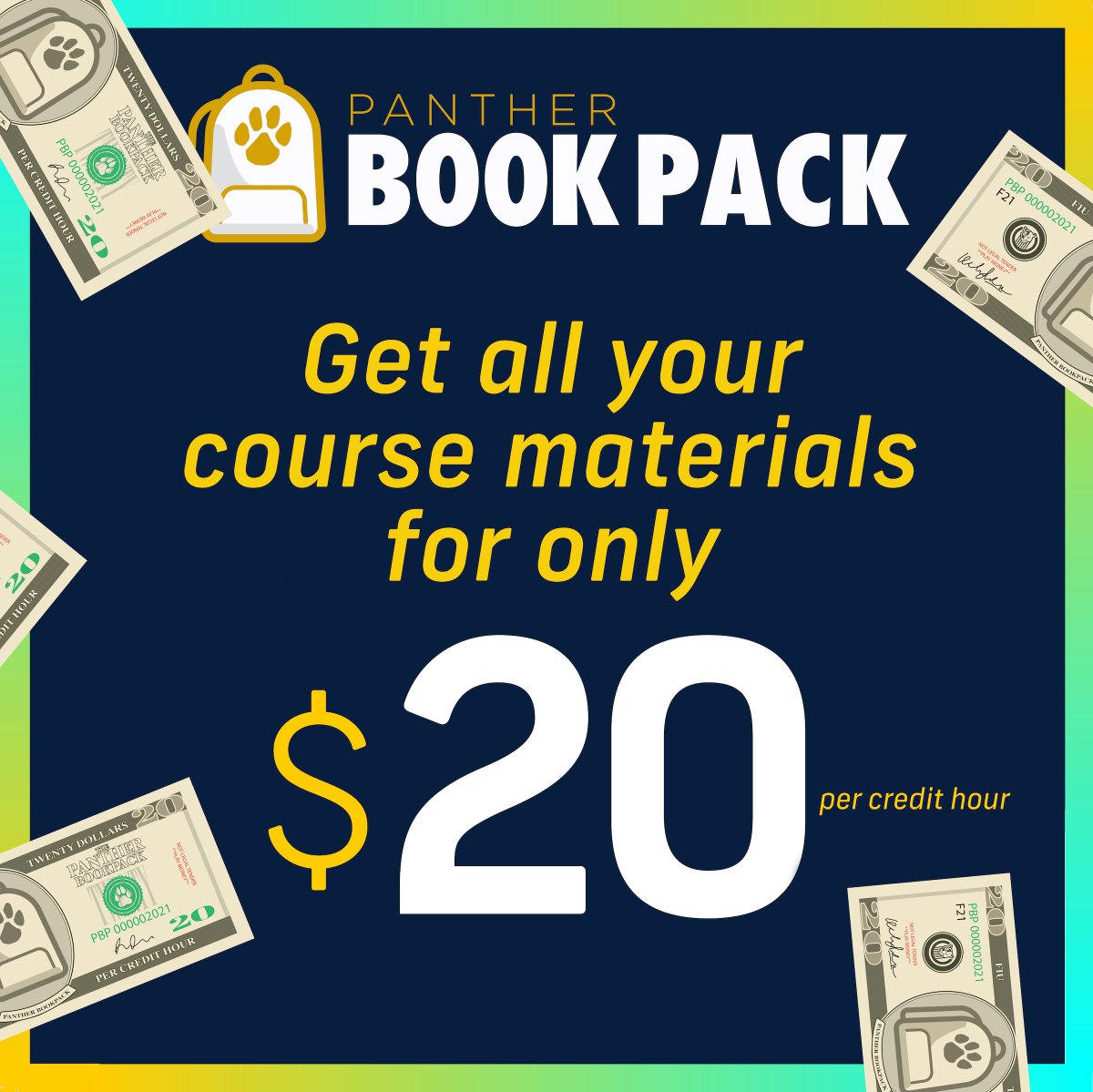 Make sure you are saving money when purchasing your course material! The Panther Book Pack will provide all required course materials for only $20 per credit hour to undergraduate students. #wegotyou #realsavings #pantherbookpack #fiulife