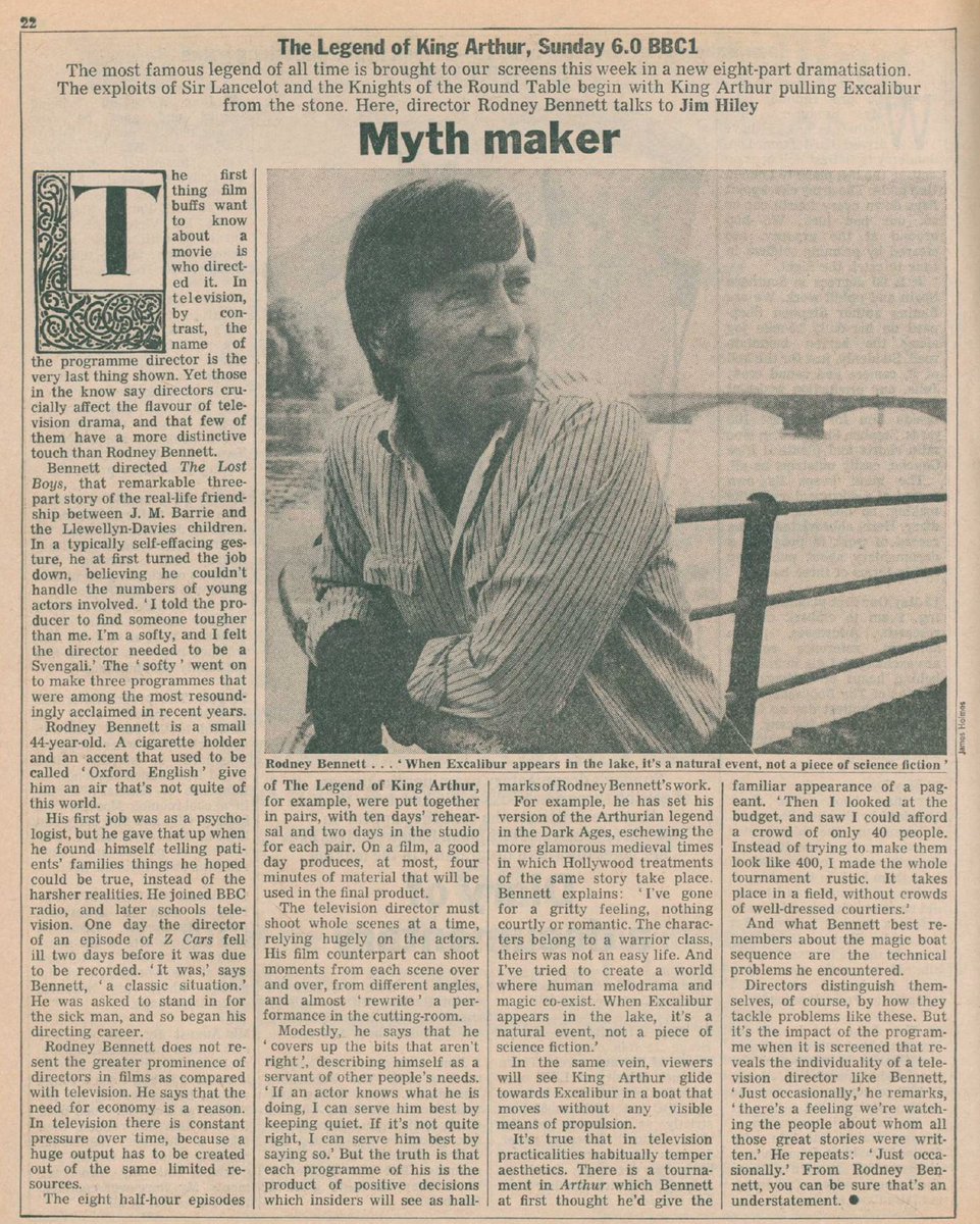 FromtheArchive's tweet photo. Radio Times Wednesday: From the week of 06.10.79 Director Rodney Bennett talks about THE LEGEND OF KING ARTHUR. Bennett directed many things including Z CARS and of course #DoctorWho. #BBC #KingArthur #RadioTimes #RodneyBennett https://t.co/jjyYSLYWS3