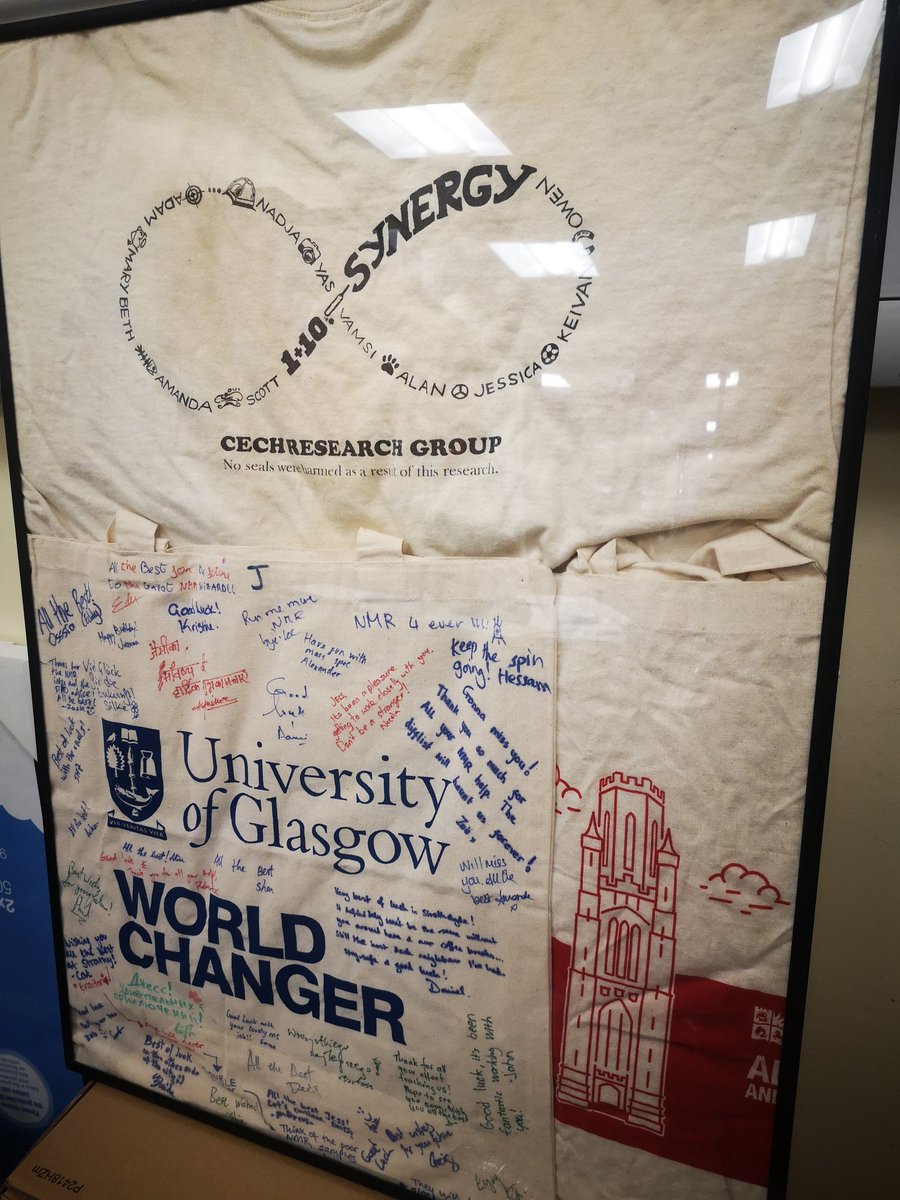 bame_jessica's tweet image. To 3 of my old research labs that helped make me make me into the researcher I am today, you are properly noted in my office today  @StrathChem. The 2011 graduates of #cechlab will recall our group shirt :). #bristolchem #uncg_chem #croninlab