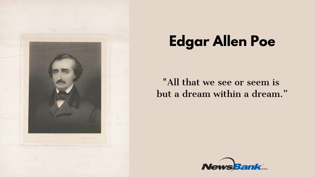 Clinton_Pub_Lib's tweet photo. Born on this day in 1809, author and poet, #EdgarAllenPoe, is one of the most fascinating American writers of all time. Read more about his multi-faceted life in our resource: https://t.co/menl2EWwgQ @NewsBank #NewsBank #OTD #TodayInHistory #OnThisDay https://t.co/1zp9Gszqmb