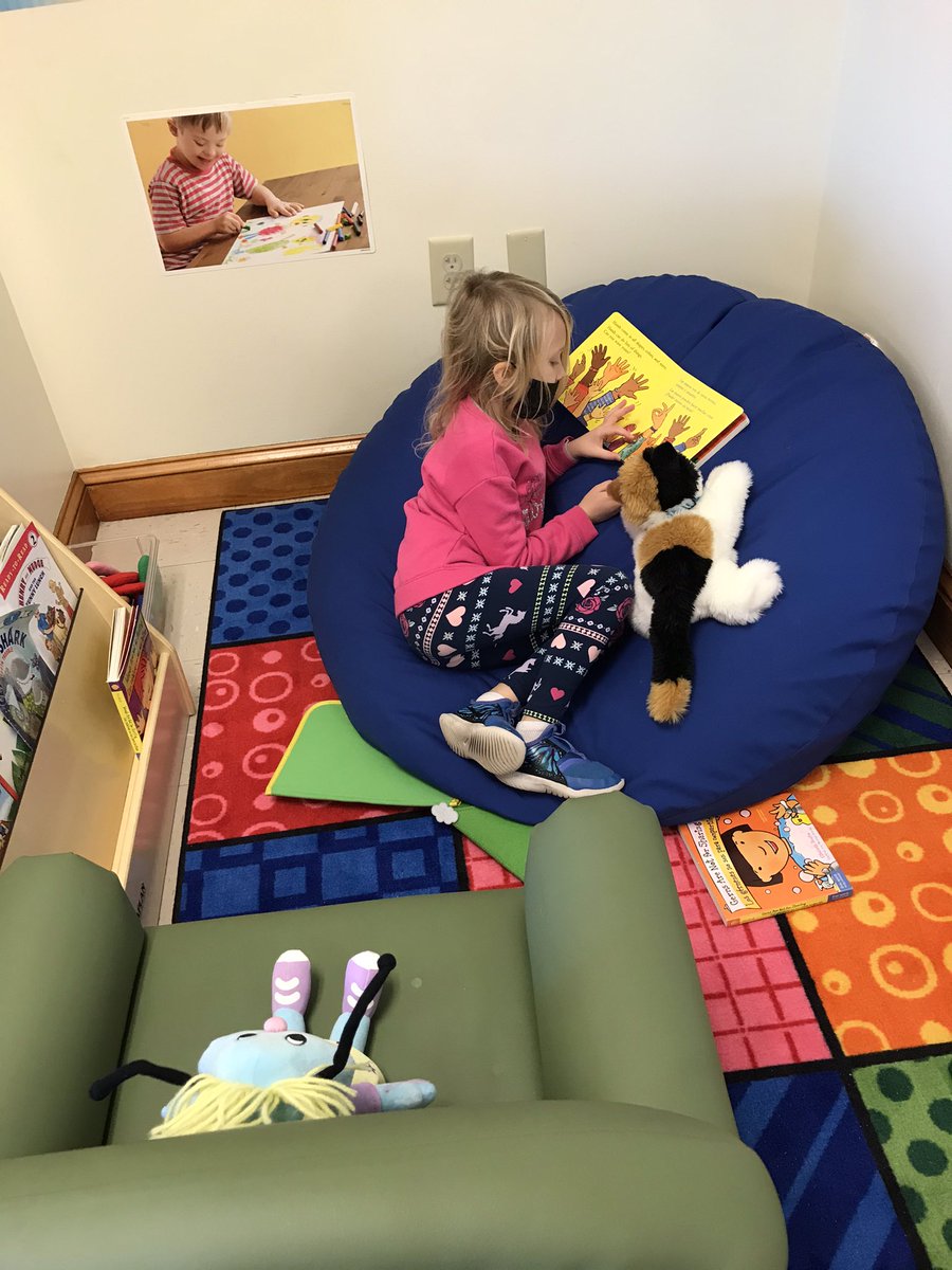 CreccSeaStars's tweet photo. The stuffed animals in the green chair and on the blue beanbag were strategically placed by this preK student who wanted her “audience” to watch her read. @NewHanoverCoSch @NHCSPreK @JannaLennon #fouryearoldclass #prekliteracy https://t.co/bbm6UpDihG