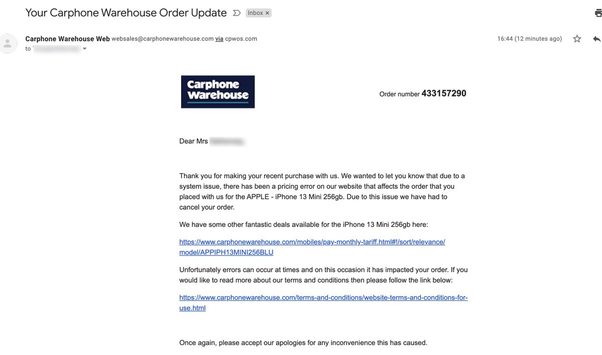 tanyajnetherway's tweet photo. This is total BS @currys I bet you had too many subscribers, decided to say it was a pricing error
and up the price to make more. #greed #carphonewarehouse #appleiphone13mini https://t.co/HHr4snpR7k