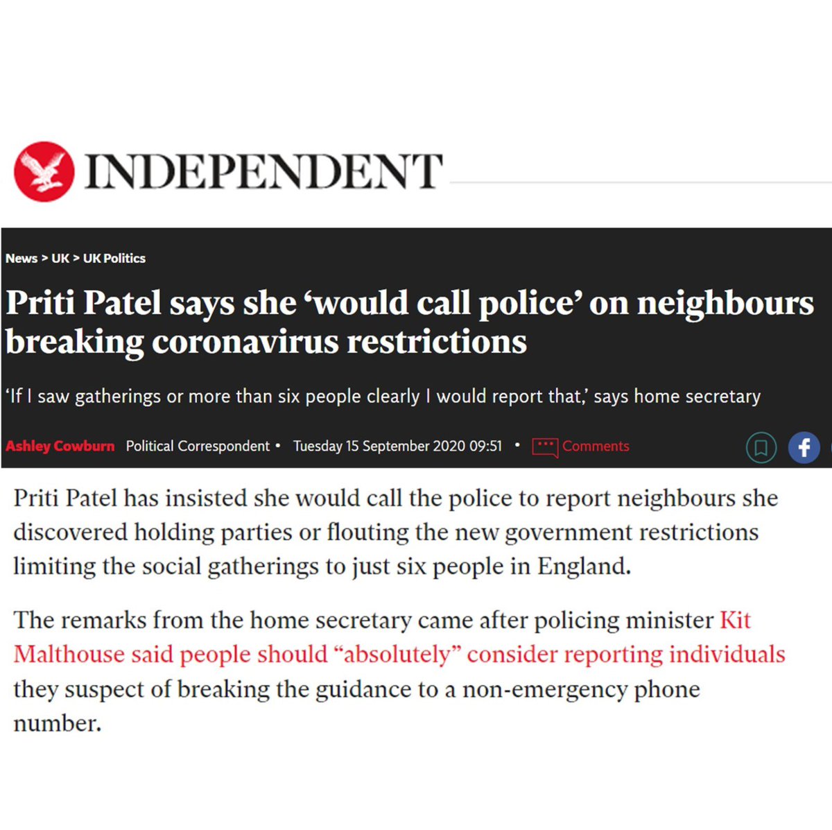 YvetteCooperMP's tweet image. Sept 2020 Priti Patel said she’d call police to report neighbours holding parties.

Today she’s defending Boris Johnson after he admitted doing just that.

As Home Sec she’s responsible for upholding the rule of law for all. Not one rule for your mates &amp;amp; another for everyone else
