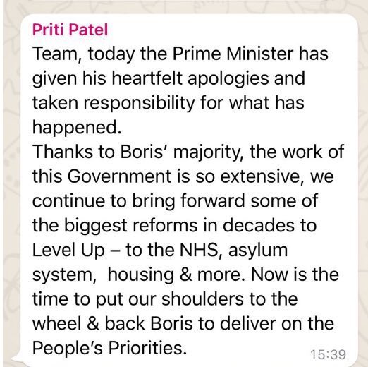 Sept 2020 Priti Patel said she’d call police to report neighbours holding parties.

Today she’s defending Boris Johnson after he admitted doing just that.

As Home Sec she’s responsible for upholding the rule of law for all. Not one rule for your mates &amp; another for everyone else