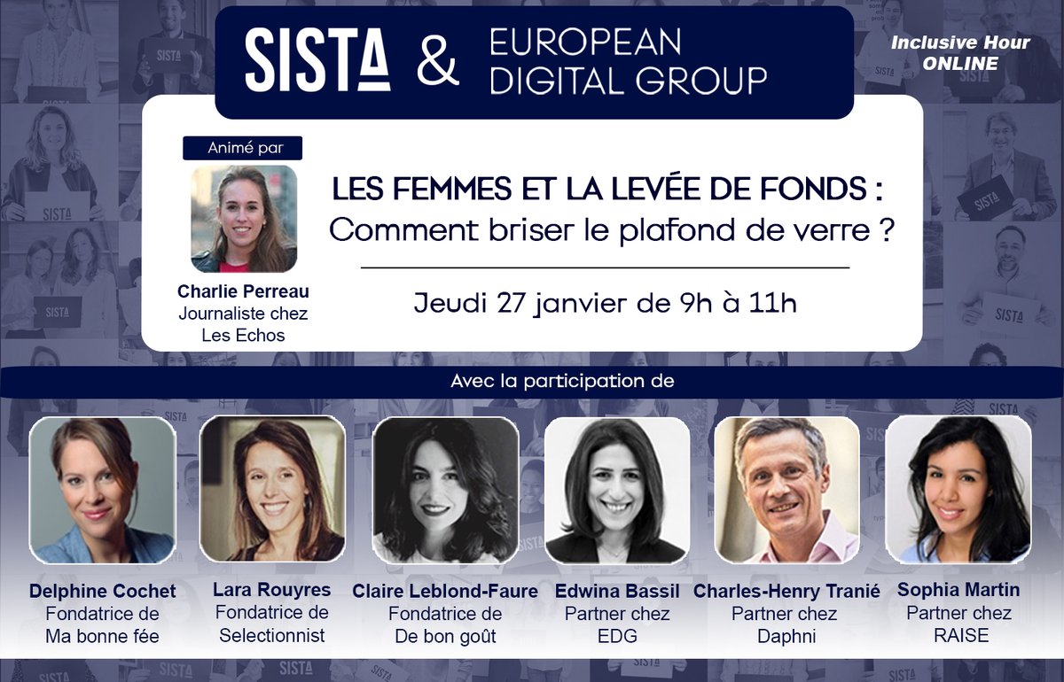 wearesista's tweet image. 📅 [SAVE THE DATE] Jeudi 27/01 à 9h

Les femmes et la levée de fonds : comment briser le plafond de verre ?

Nous avons hâte de vous retrouver pour une #InclusiveHour avec l’équipe @EDG_partners, membre de la communauté #SistaInvestorAlly.

Inscriptions &amp;gt; lnkd.in/ePJuBqJN