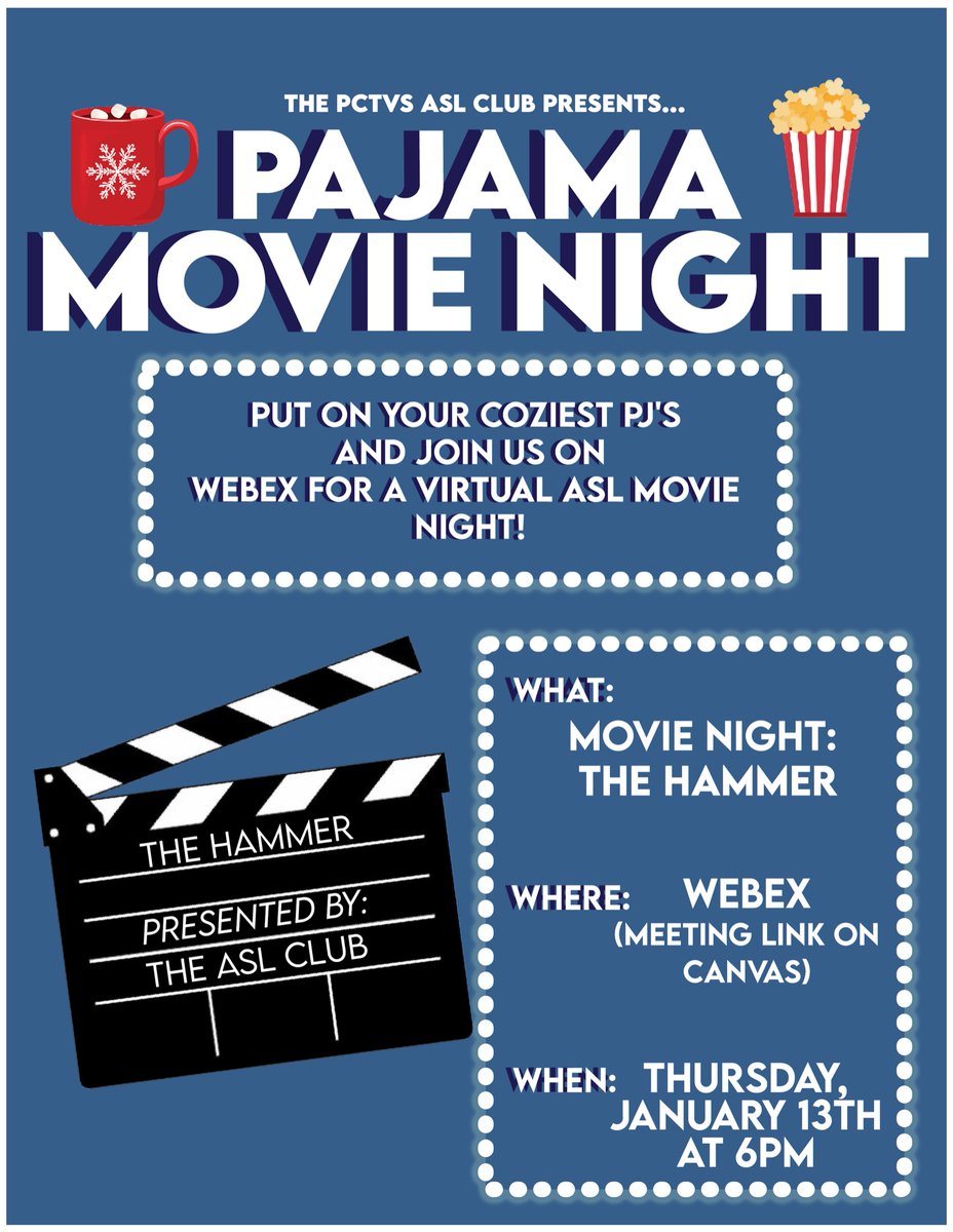 PCTVS_ASLCLUB's tweet photo. Hello everyone! Join us this Thursday for a pj movie night! See you there! https://t.co/KM6dB4eYRw