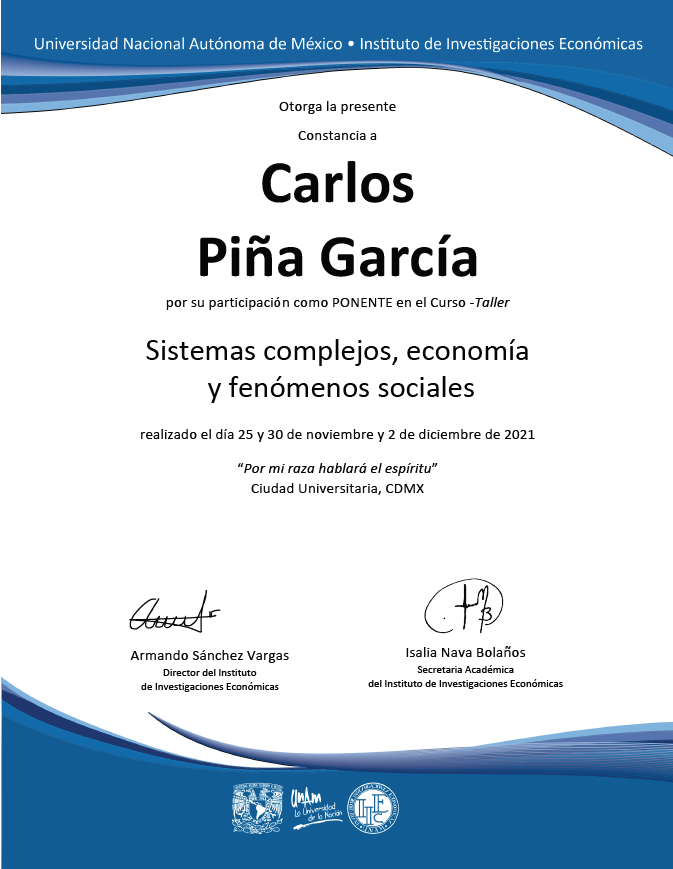 Una vez más, ¡muchas gracias! al Instituto de Investigaciones Económicas de la #UNAM, y a todos los COLEGAS Y AMIGOS que hicieron posible el taller en línea de sistemas complejos aplicados a la economía y fenómenos sociales. 👨‍🏫👏
<a href="/gcarreon_unam/">Gustavo Carreón</a>
 <a href="/complejidadyec/">GICE-UNAM 🇲🇽</a>
 @IIEc_UNAM