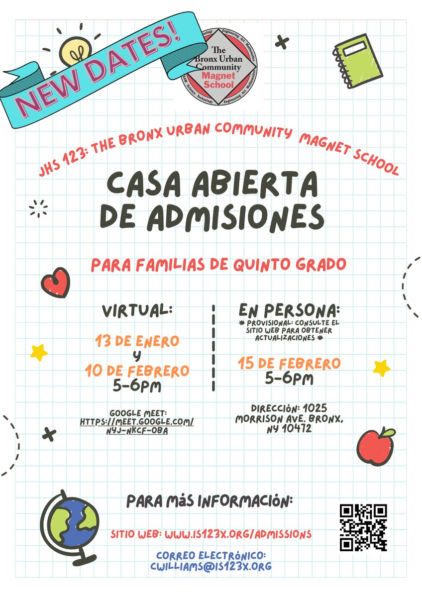 Attention 5th grade parents, the NYCDOE Middle School Application is OPEN! If you are still considering the right school for your child, please visit JHS 123's Virtual Open House on Thursday 1/13 from 5-6 PM. Hope to see you there! Get the link here. is123x.org/admissions