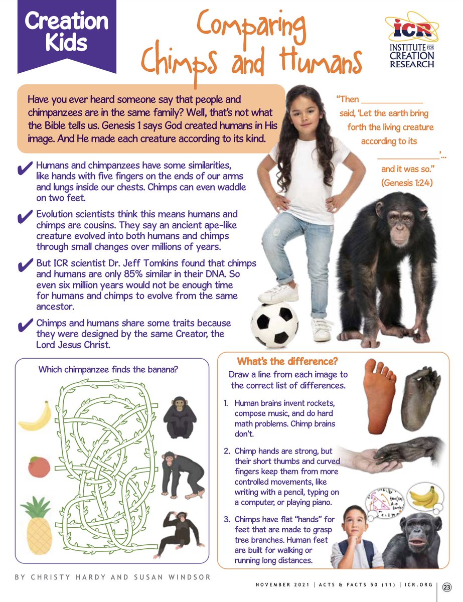 ICRdiscovery's tweet photo. 🦍Creation Kids: Comparing Chimps and Humans
Have you ever heard someone say that chimpanzees and humans are in the same family? Well, that's not what the Bible tells us. 

FREE #CreationKids #printable: https://t.co/FESyTODjB8

@ICRscience https://t.co/vHK9sZCykm