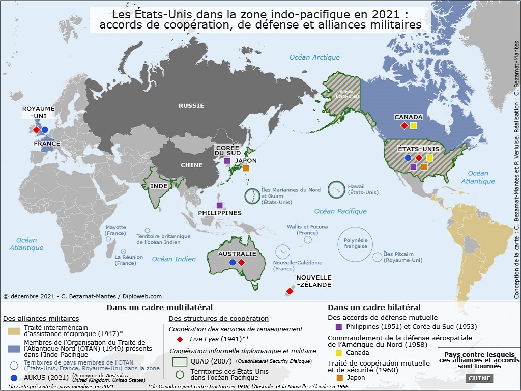 diploweb's tweet photo. #AUKUS #OTASE

Carte inédite. Les États-Unis dans la zone Indo-Pacifique en 2021 : accords de coopération, de défense et alliances militaires. 
Par Dr C. BEZAMAT-MANTES pour @diploweb 

https://t.co/YB6TQiDrrb

@APHG_National @Clionautes1 @phcherel @eduscol_HG https://t.co/e48JLH8wKn