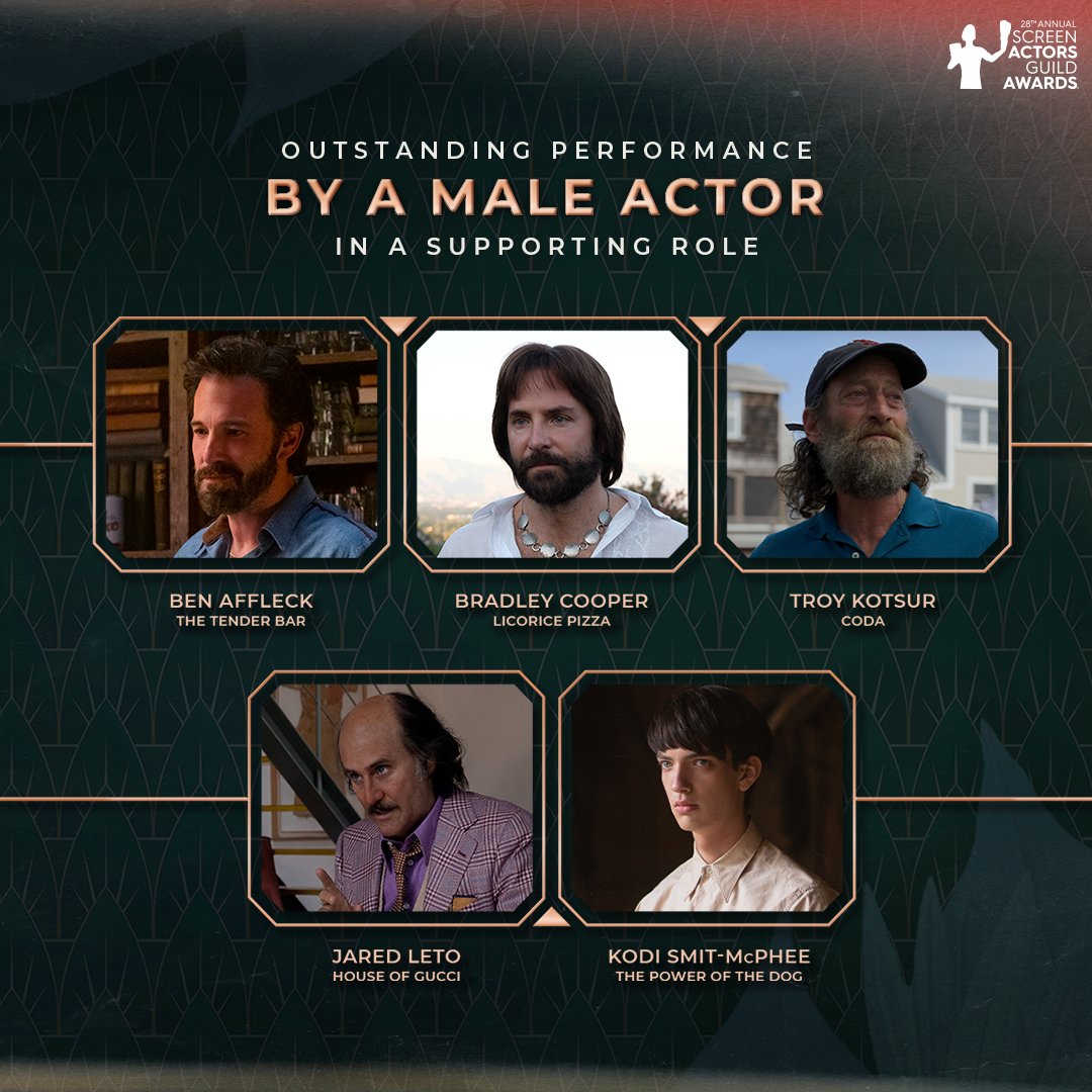SAG Awards® (@sagawards) on Twitter photo Drumroll! 🥁
Now presenting the marvelous Male Actor in a Supporting Role nominees... @benaffleck, #BradleyCooper, <a href="/TroyKotsur/">Troy Kotsur</a>, <a href="/JaredLeto/">JARED LETO</a>, @KodiSmitMcPhee #sagawards Drumroll! 🥁
Now presenting the marvelous Male Actor in a Supporting Role nominees... @benaffleck, #BradleyCooper, <a href="/TroyKotsur/">Troy Kotsur</a>, <a href="/JaredLeto/">JARED LETO</a>, @KodiSmitMcPhee #sagawards