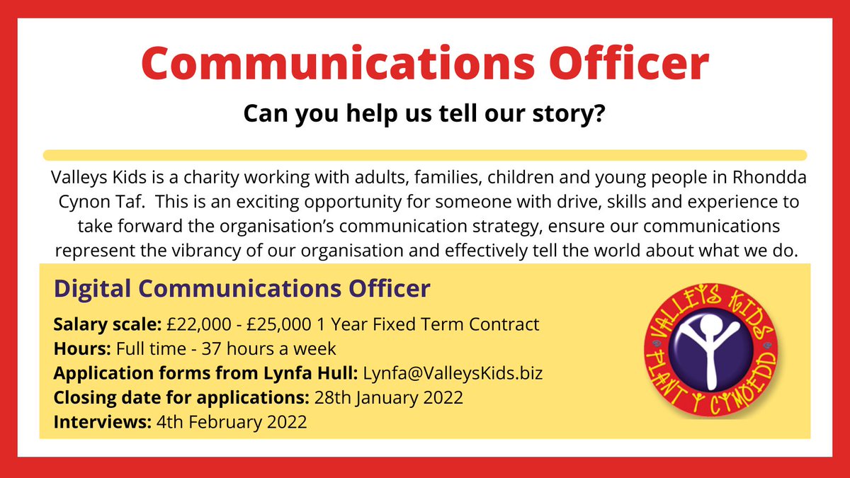 ValleysKids's tweet photo. We are recruiting! We have an exciting opportunity for a skilled and enthusiastic Communications Officer to work with the team to tell our story and develop and deliver our comms strategy. Please share!
Deadline for applications 28th Jan.
More info here: https://t.co/ZtE9PGtBOE https://t.co/fuVwJ2EnJ2