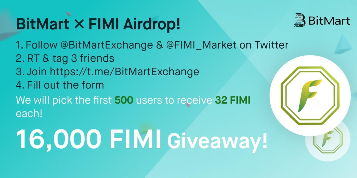 BitMart (@bitmartexchange) on Twitter photo 🎉To celebrate <a href="/FIMI_Market/">Fimi Market Inc.</a> listing, we’re giving away 16,000 FIMI !
1⃣ Follow <a href="/BitMartExchange/">BitMart</a> & <a href="/FIMI_Market/">Fimi Market Inc.</a>
2⃣ RT and tag 3 frds
3⃣️Join t.me/BitMartExchange
4⃣️Fill out: forms.gle/nH9p1yrQepxdHC…
✨500 lucky winners receive 32 FIMI each !
⏰Enter by 11:59 PM EST Jan 15 🎉To celebrate <a href="/FIMI_Market/">Fimi Market Inc.</a> listing, we’re giving away 16,000 FIMI !
1⃣ Follow <a href="/BitMartExchange/">BitMart</a> & <a href="/FIMI_Market/">Fimi Market Inc.</a>
2⃣ RT and tag 3 frds
3⃣️Join t.me/BitMartExchange
4⃣️Fill out: forms.gle/nH9p1yrQepxdHC…
✨500 lucky winners receive 32 FIMI each !
⏰Enter by 11:59 PM EST Jan 15