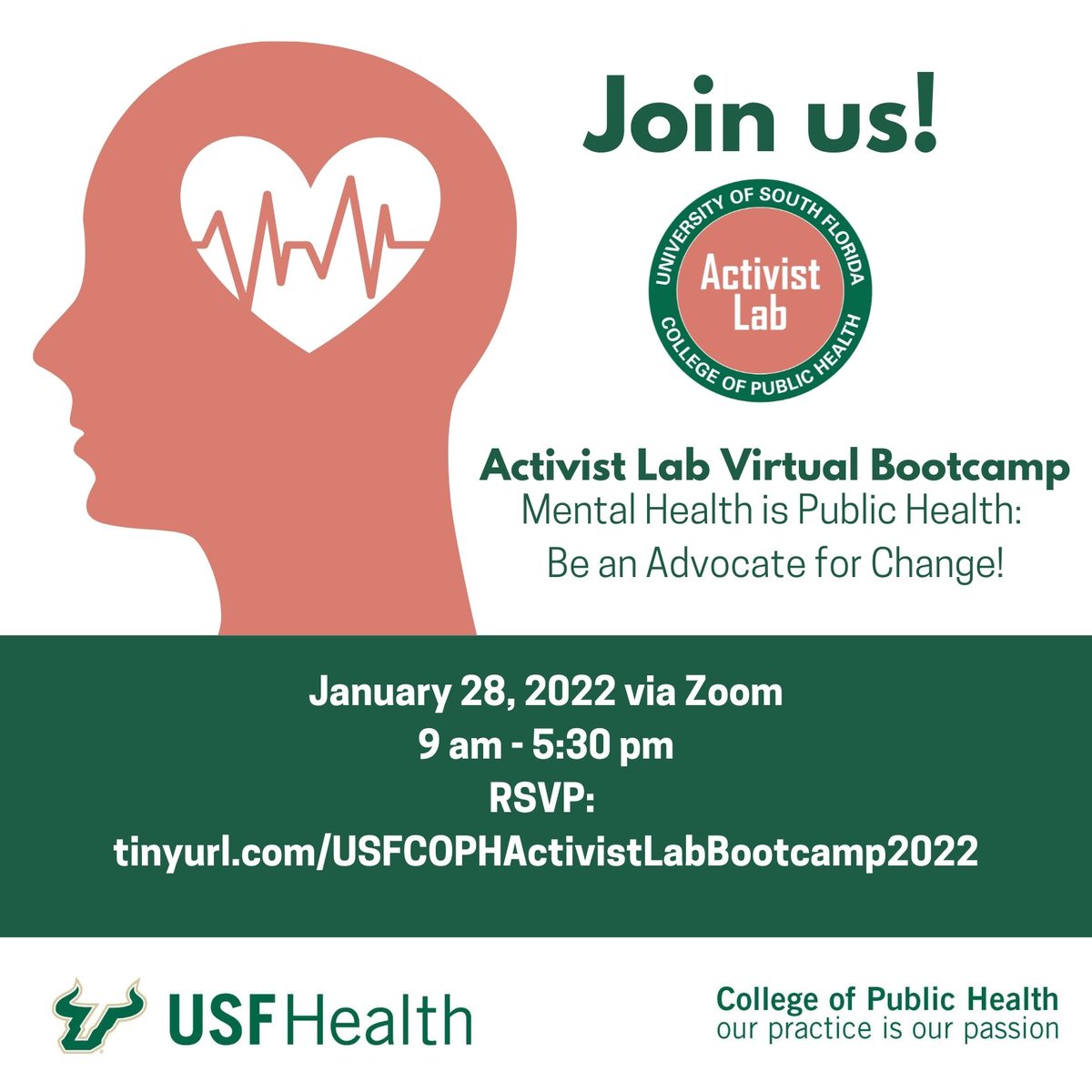 COPHActivistLab's tweet photo. Our annual bootcamp is approaching quickly! Don't miss this great opportunity to learn more about mental health advocacy, network with public health professionals, and meet exciting guest speakers!
#advocacy #activism #advocate #activistlab #findyourvoice #bootcamp #usf #coph https://t.co/yDgAGn8LVs